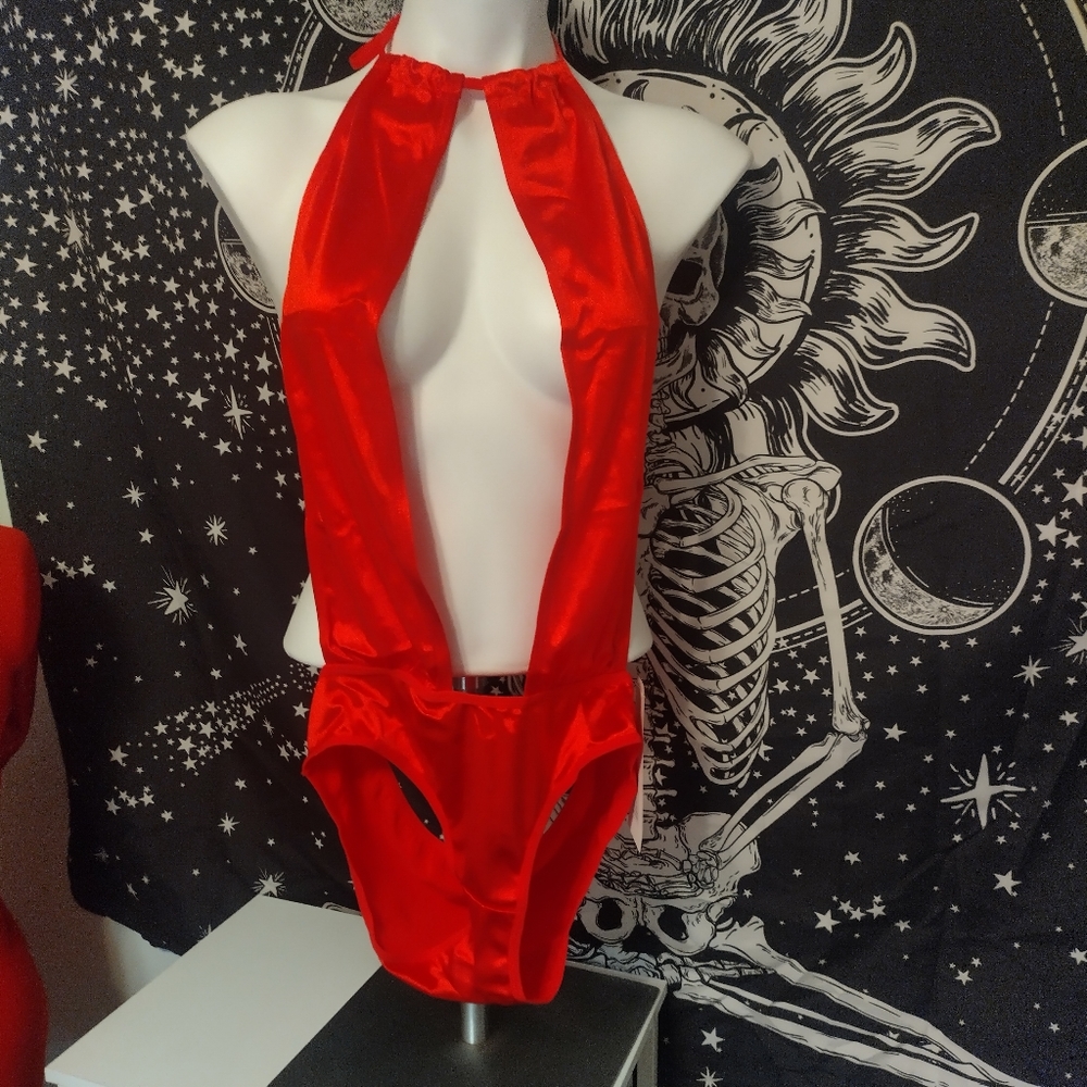 Popsi Red Satin Deep V Bodysuit L/XL NWT